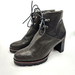 Zinda Brown Leather Platform Ankle Boots Women's 37 Snake Skin Texture Moto Edgy